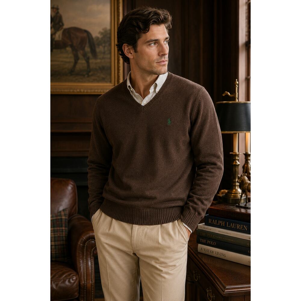 Vintage Polo Ralph Lauren Brown Lambswool V Neck Preppy Sweater XL Classic